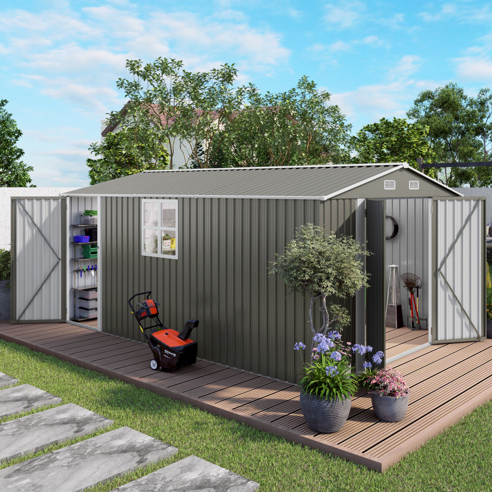 10x12FT Outdoor Storage Shed Large Metal Garden Shed with Double Door Two Window Waterproof Tool Shed for Backyard Patio Lawn Poolside ,Grey
