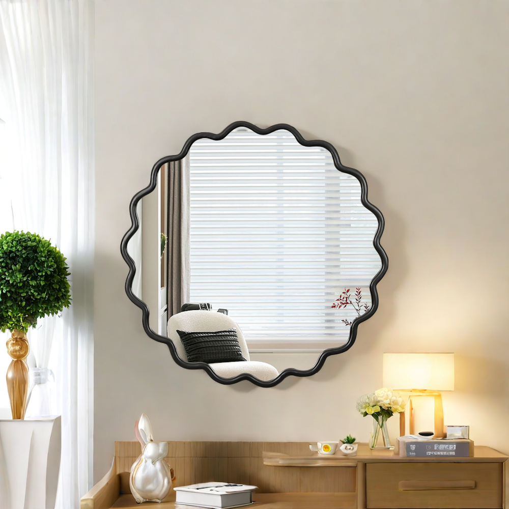 Solid Wood Wavy Mirror-Black Vanity Mirror Wall Decor 36" x 36" Modern Mirror Wall Decor for Bathroom, Bedroom, Living Room, Dining Room, Cloakroom, Entryway