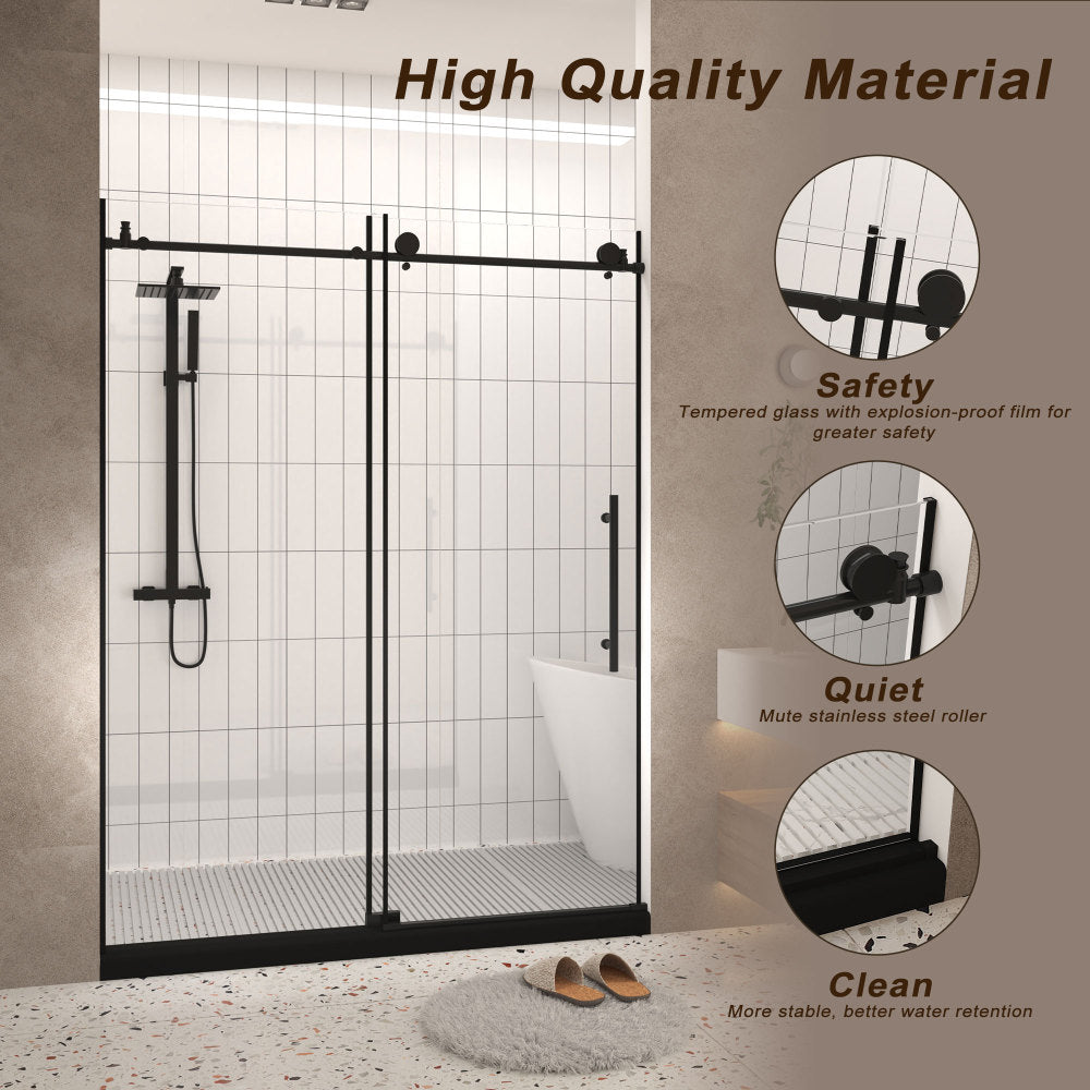 Frameless shower door 56-60 "W x 76" H, 1/4 "(6 mm) Clear Tempered Glass, Explosion Proof Film, Stainless Steel Handle, Matte Black