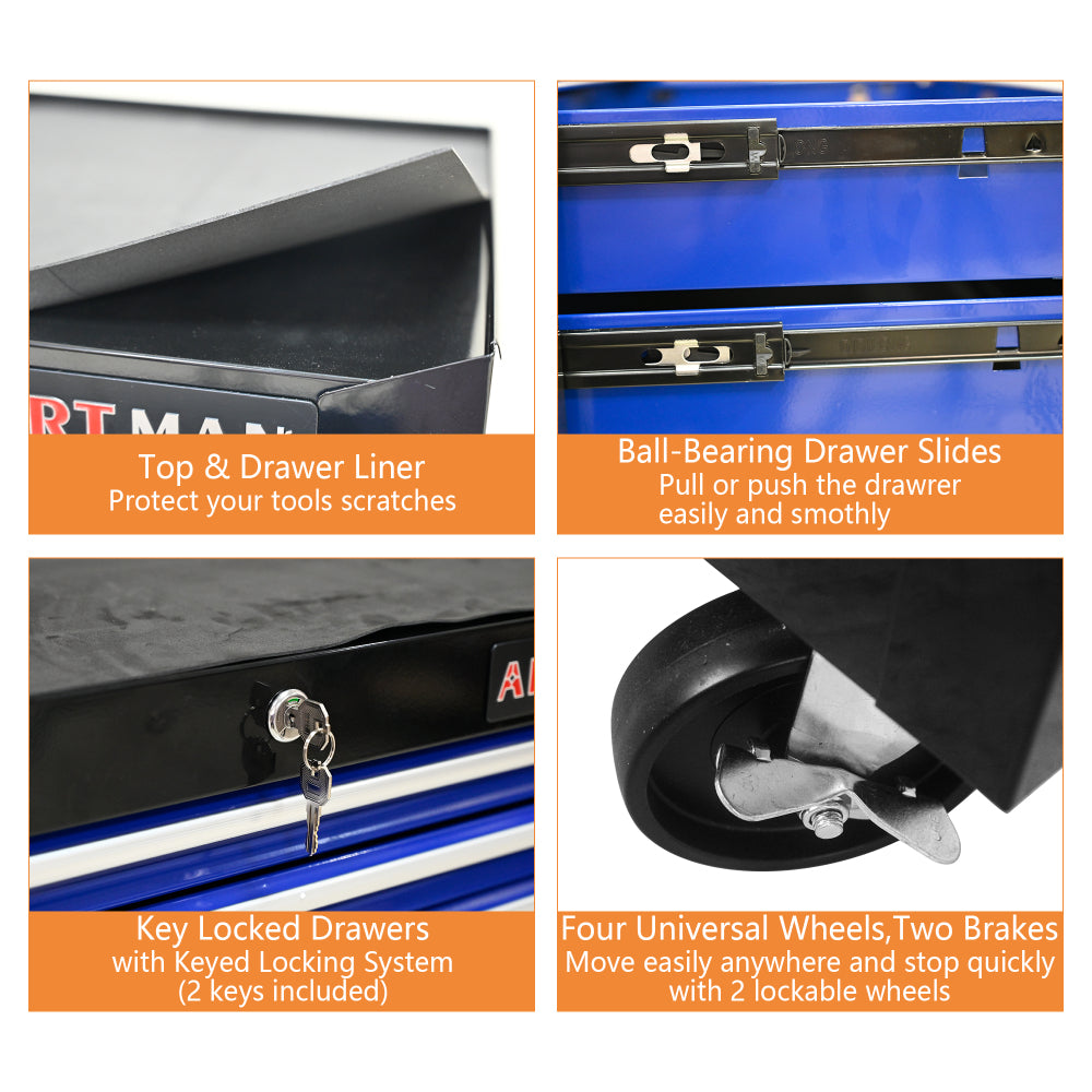 7 DRAWERS MULTIFUNCTIONAL TOOL CART WITH WHEELS-BLACK+BLUE