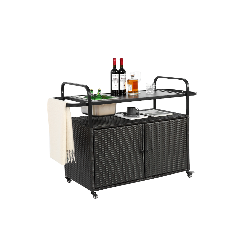 Outdoor Bar Table, Wicker Bar Cart with Cabinet, Patio Serving Cart with steel Top, with one ice bucket,Lockable Wheels, Side Basket for Garden, Poolside & Backyard, Black
