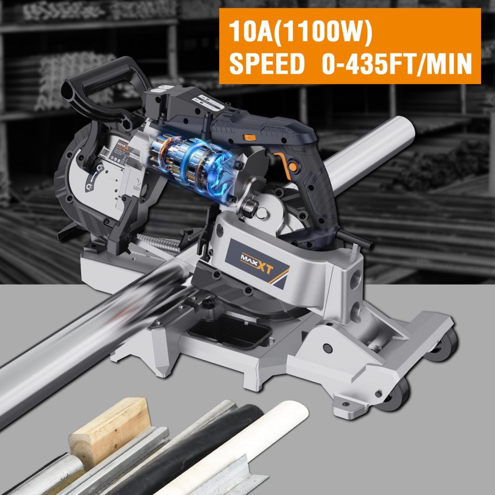 Band Saw with Lightweight Aluminum Base, 10 Amp 5 Inch Deep Cut Bandsaw, Variable Speed Handheld Automatic Multipurpose Cut with Carrying Wheels Portable Metal Saw, Band Saws for Metal Wood