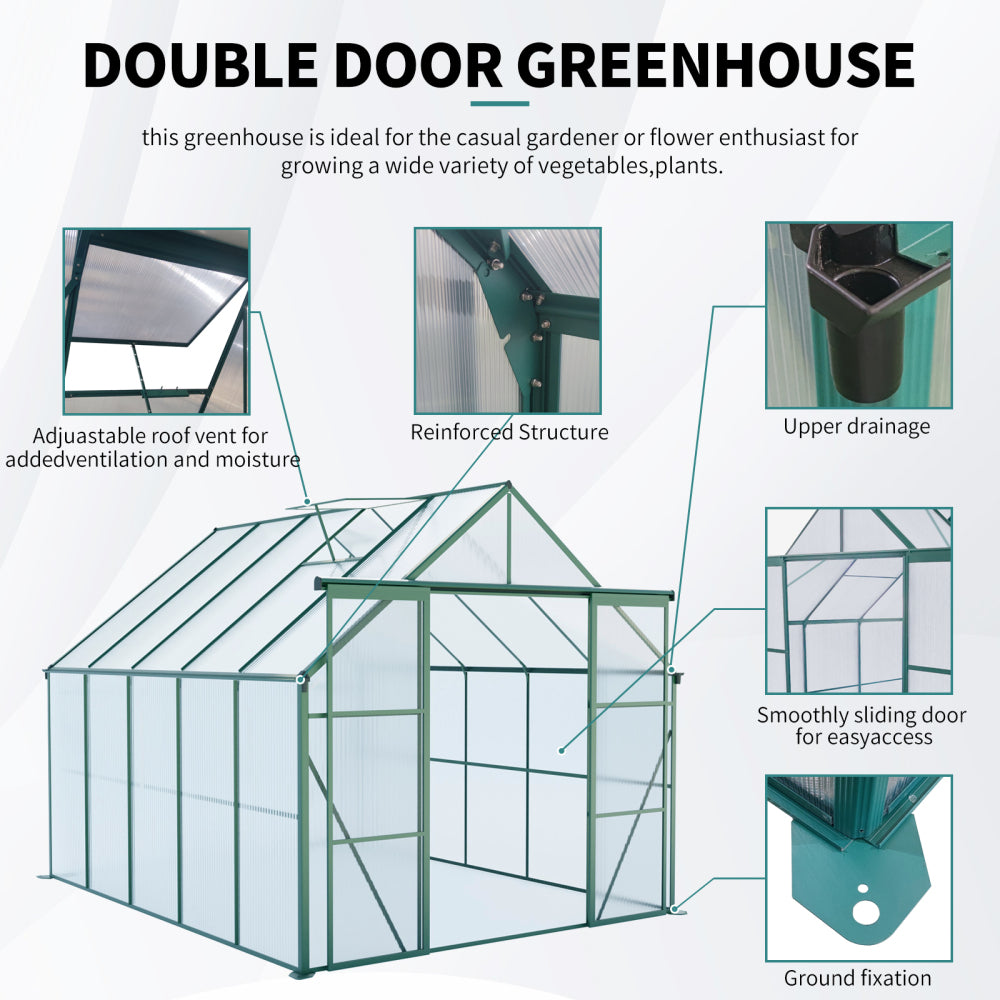 8x10FT Double Door Polycarbonate Greenhouse Raised Base and Anchor Aluminum Heavy Duty Walk-in Greenhouses for Outdoor Backyard in All Season,Green