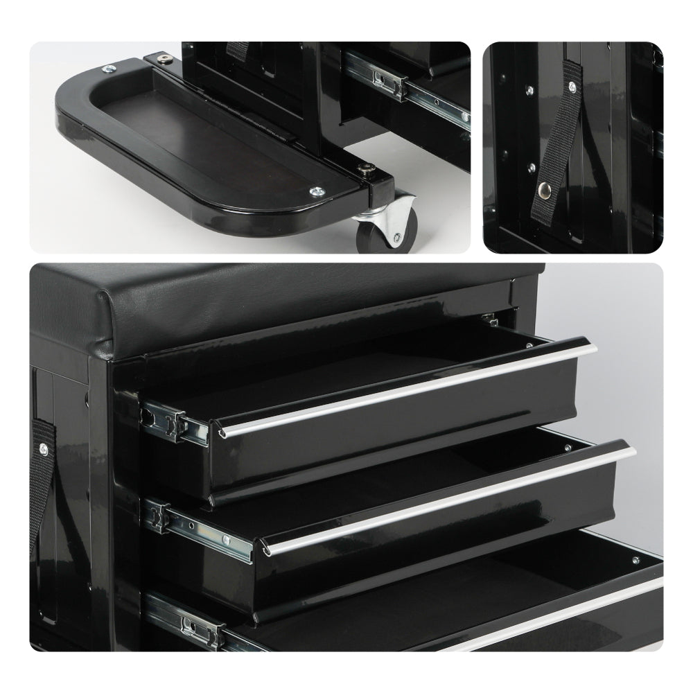 3-Drawer Tool Chest Rolling Mechanic Seat with Tool Trays,350lbs Max Weight Capacity,Black