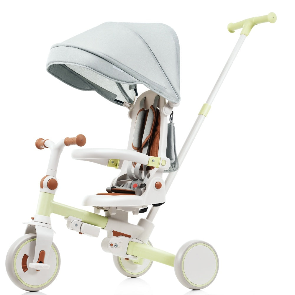 7 in 1 Baby Tricycle, Foldable Toddler Tricycle with Removable and Adjustable Parent Handle, Toddler Push Bike with Removable Pedal, Canopy, and Guardrail, Tricycle for 12-72 Months, ivory and brown