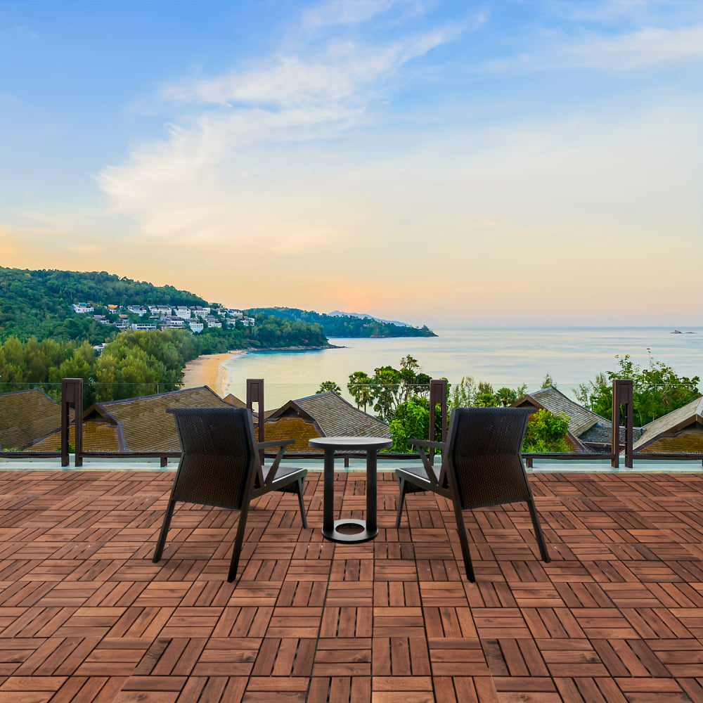 27pcs Interlocking Deck Tiles 11.8" x 11.8", Patio Flooring Outdoor Waterproof, Acacia Wood Tiles All Weather, Floor Tiles for Balcony, Backyard, Indoor and Outdoor use (Square Joint, Dark Brown)