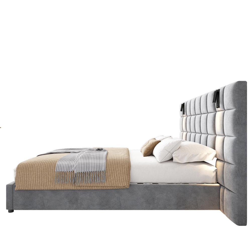 Upholstered Queen bed,with reading lamp and USB port, wide headboard,without bedside tables and mattress, velvet, grey