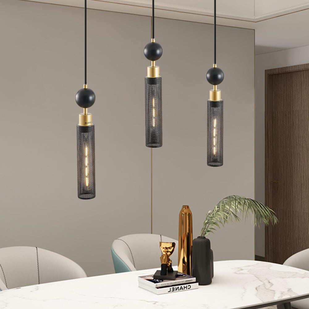 24" Modern Industrial Multi-Light Pendant Chandelier - 9-Light Black and Gold Adjustable Ceiling Light Fixture with Mesh Cylinder Shades for Living Room, Dining Room, or Staircase (Bulb Not Included)