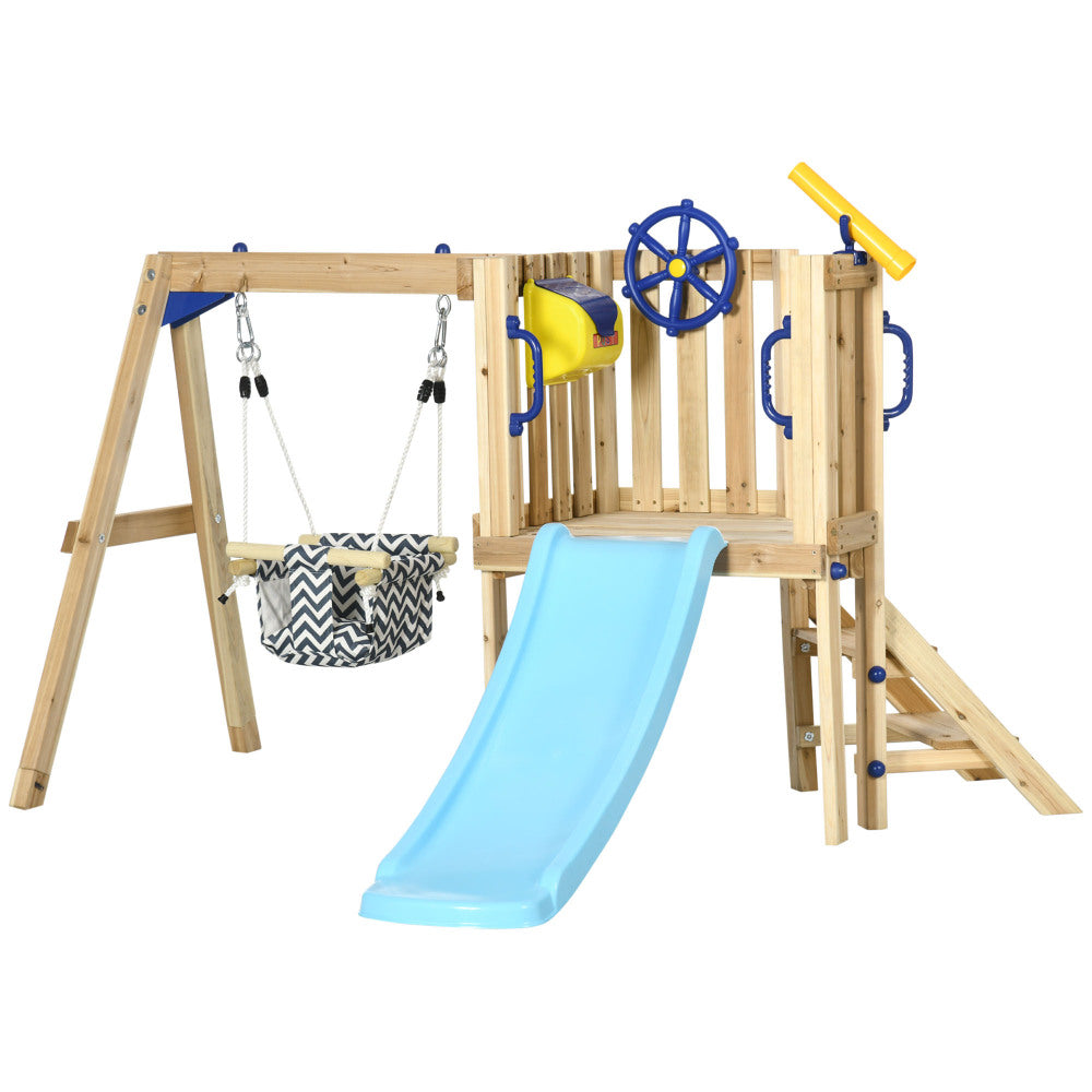 Outsunny 3 in 1 Wooden Swing Set Outdoor Playset with Baby Swing Seat, Toddler Slide, Captain's Wheel, Telescope, Kids Backyard Playground Equipment, Ages 1.5-4