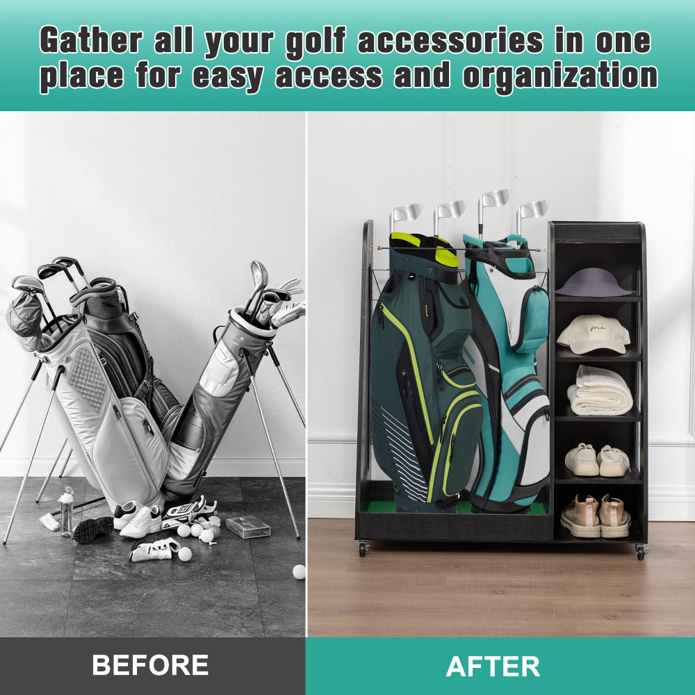 Golf Bag Organizer for Garage, Premium Wooden Golf Clubs Storage Rack Fit 2 Golf Bags, Golf Trunk Organizer for Car Garage Club Shed Basement,Black