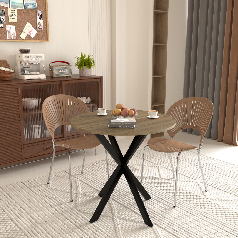 31.5 Inch Round Dining Table, Small Circle Kitchen Table with Metal Black Legs for 2-4 people,Modern Dining Room Table, Brown (only table)