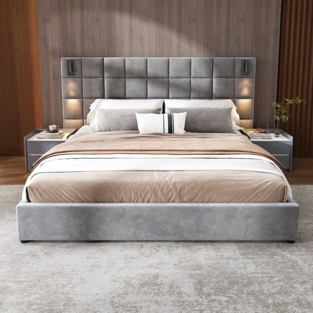 Upholstered Queen bed,with reading lamp and USB port, wide headboard,without bedside tables and mattress, velvet, grey