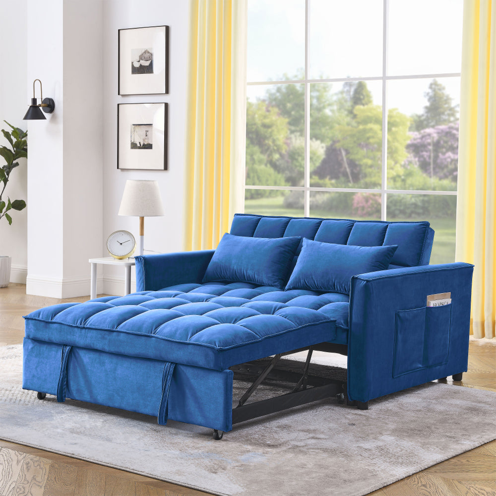 Sleeper Sofa, Convertible Sofa, Recliner, Bed, 3-in-1, 3-Position Adjustable Backrest, 2-Seater Sectional, Two Side Pockets, 2 Pillows for Living Room, Apartment, etc., Velvet Black 54" Wide.
