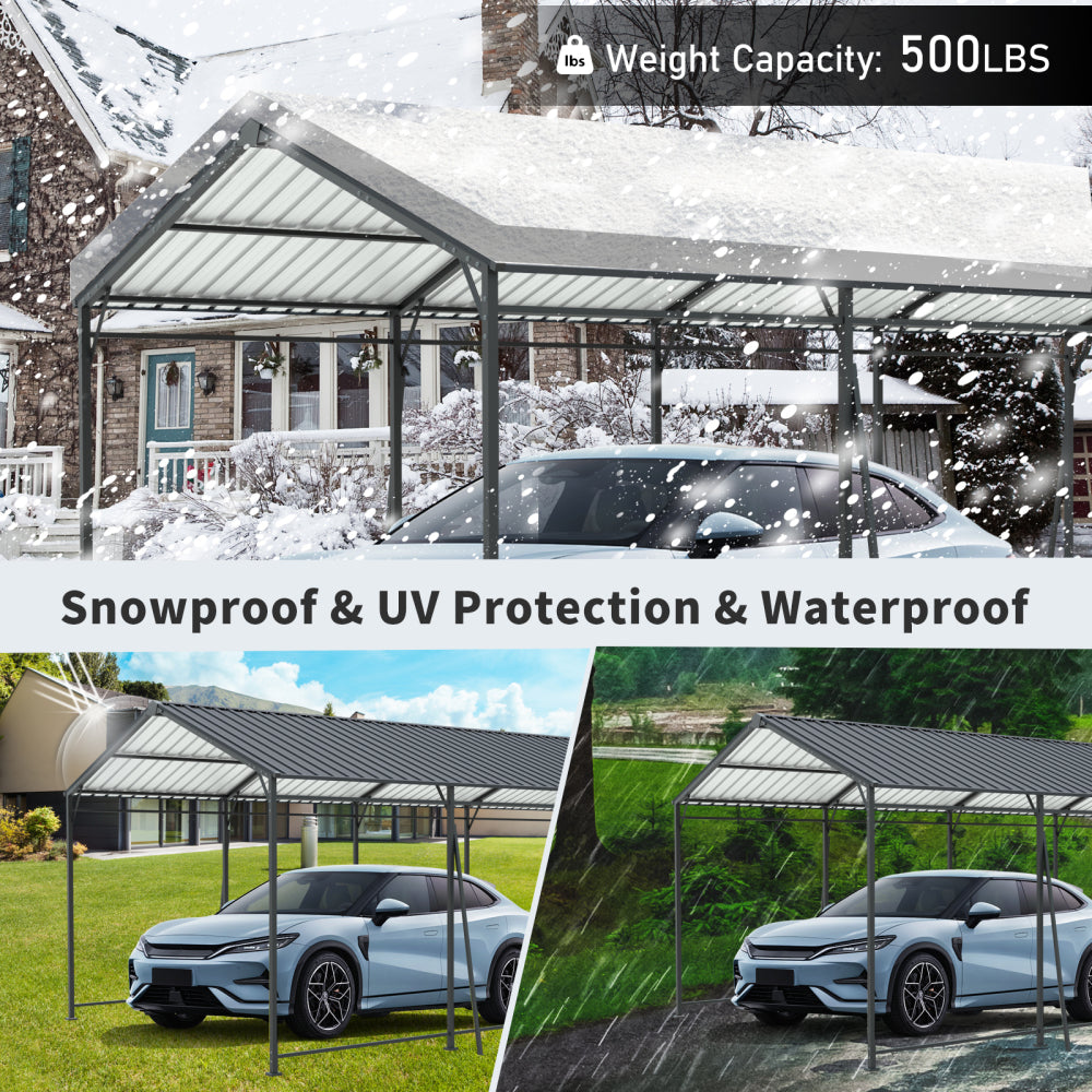 12*32 FT Carport, Heavy Duty Carport with Galvanized Steel Roof and Frame, Metal Carport Large Garage with 4 Fixed inclined square tube supports