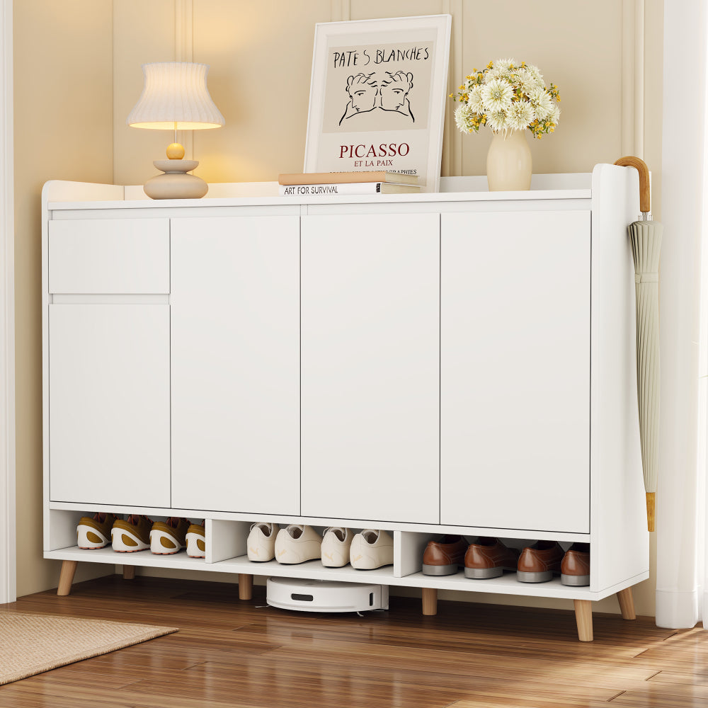 ON-TREND Elegant Shoe Cabinet with Arched Doors and Drawer, Cream Style Storage Sideboard with Adjustable Shelves and Solid Wood Legs for Entryway, Living Room, Black