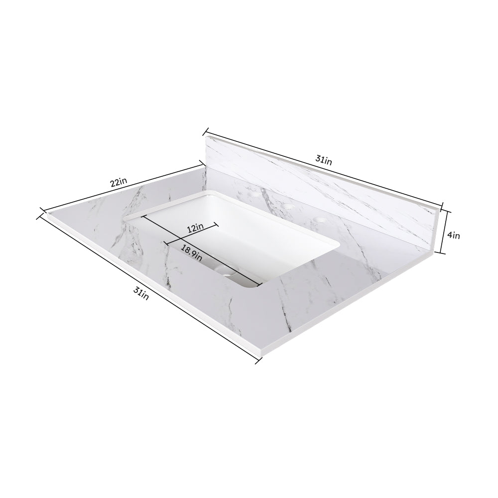 31 Inch Marble Vanity Top, White Vanity Top with Pre-drilled Faucet Holes, Bathroom Vanity Top with Undermount Rectangular Middle Sink and 4" Height Backsplash, Bianco Carrara Venato
