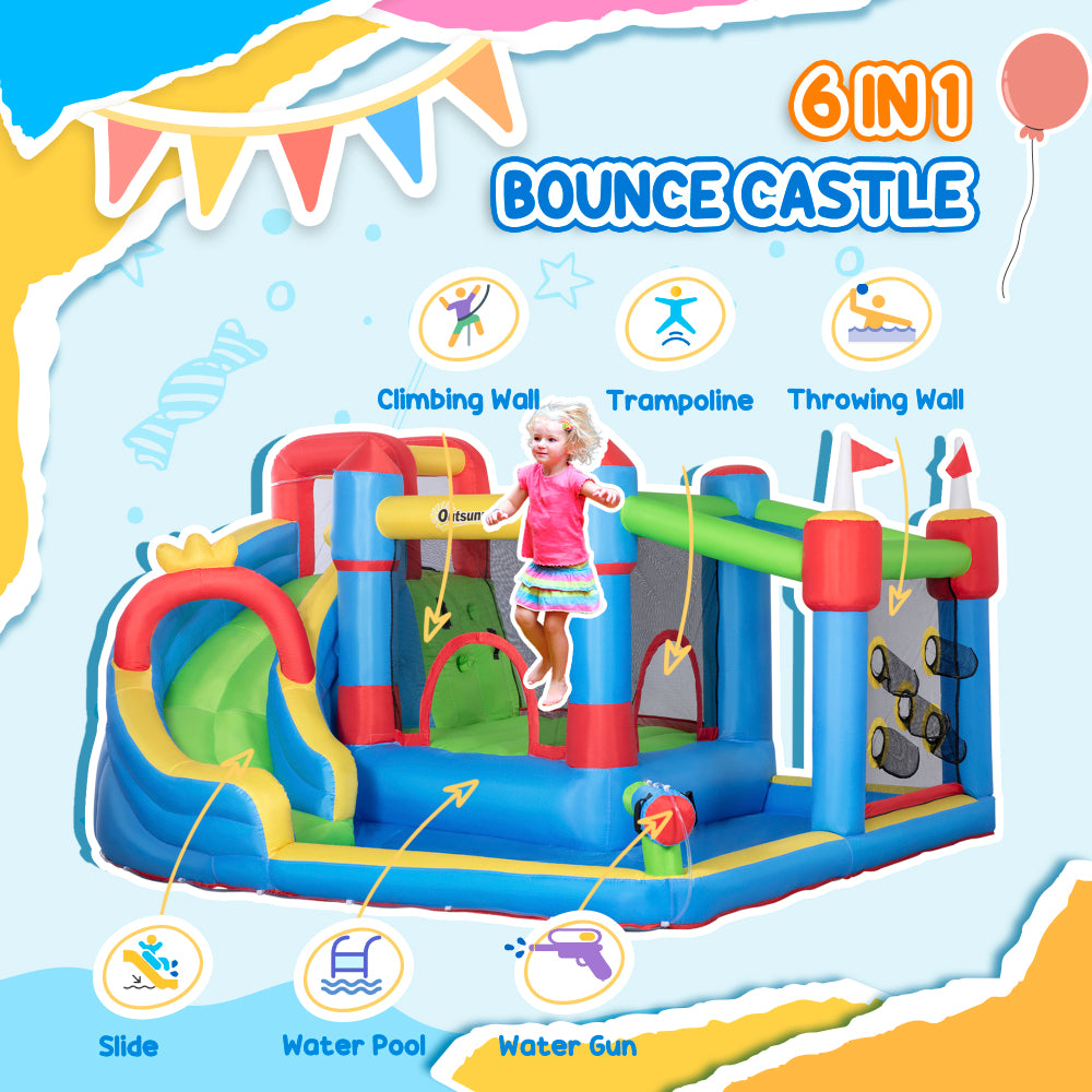 Outsunny 6-in-1 Inflatable Bounce House with Slide, Climbing Wall, Water Cannon, and More, Inflatable Water Slide for Kids with 2 Min. Inflation with Inflator