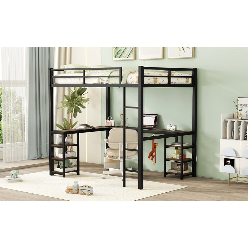 Full Metal Loft Bed with Desk and Shelves, Loft Bed with Ladder and Guardrails, Loft Bed Frame for Bedroom, Black (Old SKU: W1307S00018)