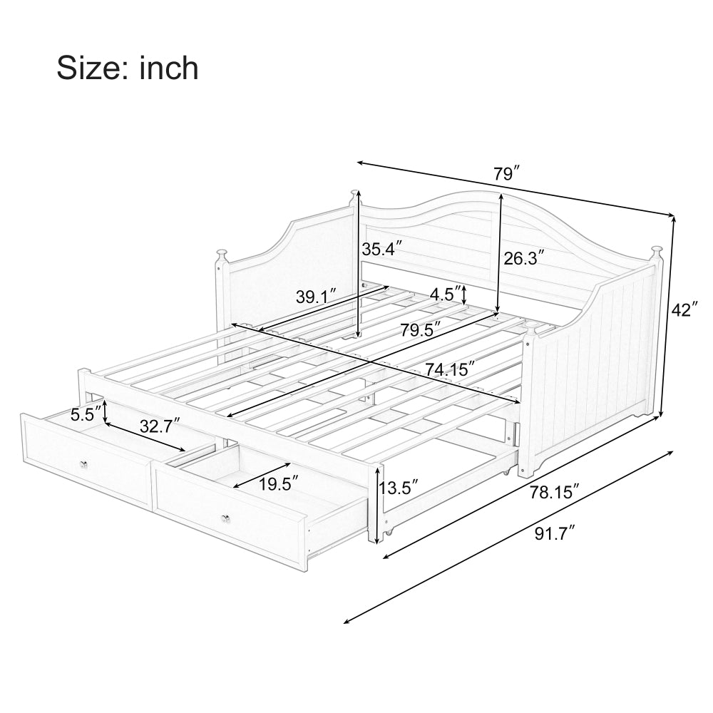 Twin Size Wood Daybed Extended Bed with Storage Drawers Wooden Sofa Bed for Living Room Guest Room, White (Old SKU:BS701P210919K)