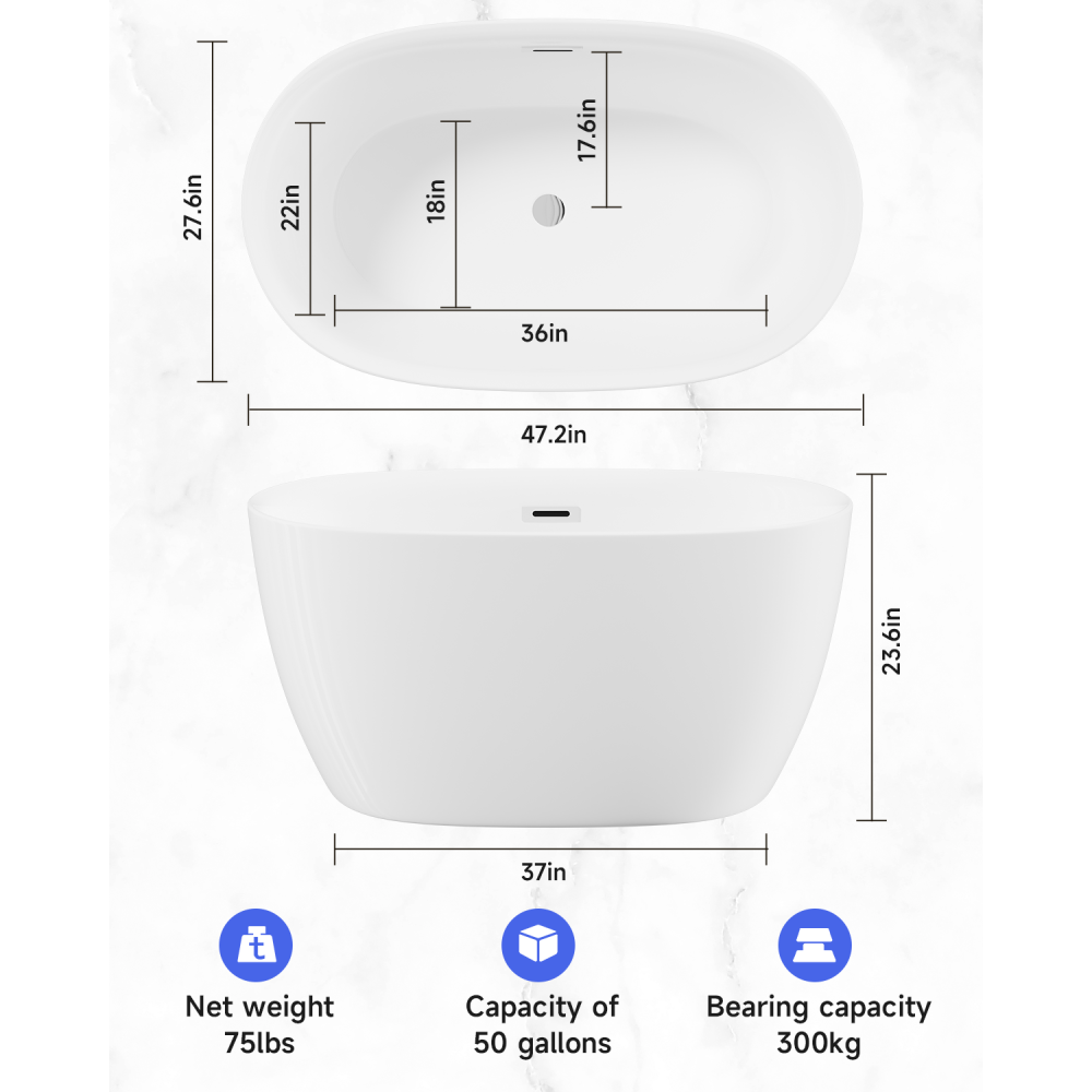 47'' Acrylic Freestanding Bathtub-Acrylic Soaking Tubs, White Bathtub, Oval Shape Freestanding Bathtub With Chrome Overflow and Pop-Up Drain CUPC Certificate