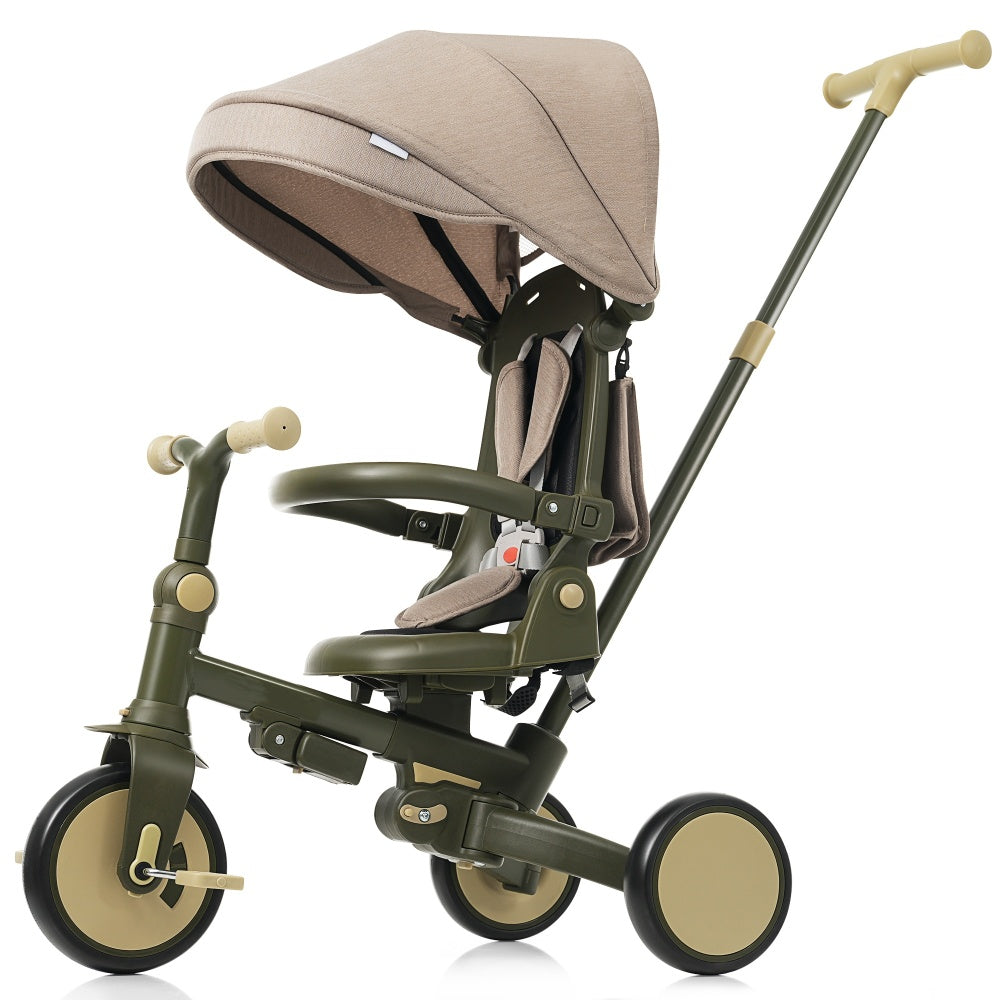7 in 1 Baby Tricycle, Foldable Toddler Tricycle with Removable and Adjustable Parent Handle, Toddler Push Bike with Removable Pedal, Canopy, and Guardrail, Tricycle for 12-72 Months, ivory and brown