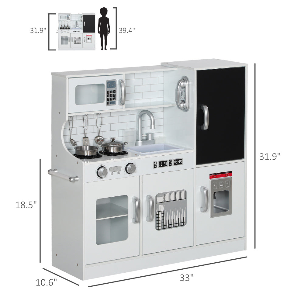 Qaba Play Kitchen, Kids Kitchen Playset Pretend Play Toy Kitchen with Play Phone, Chalkboard, Towel Rack, Ice Maker, 5 Accessories, Storage Space, Microwave & Sink, Gift for 3-8 Years, White