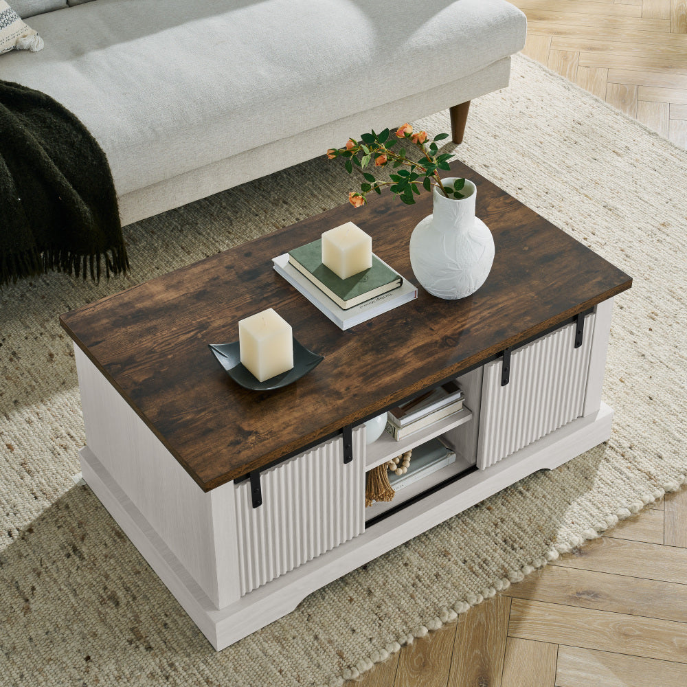41.3 Inch Coffee Table with Storage and Sliding Wood Door, Farmhouse and Industrial Cocktail Table with Adjustable Shelves, Rectangular Rustic Living Room Table for Living Room Meeting Room