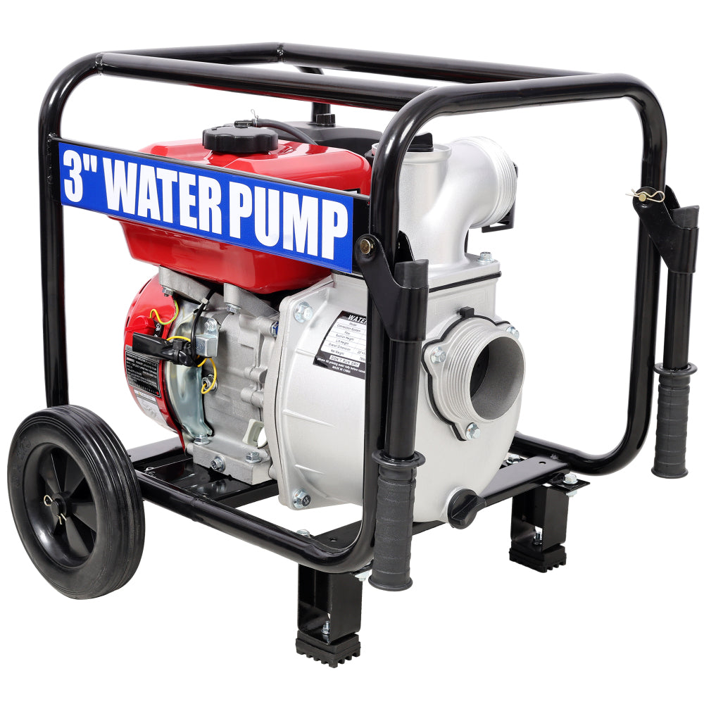 Gas Engine Powered Water Pump 3" inlet&outlet, Flow:264Gpm , 7HP Engine 212CC, EPA Certificated, 3in NPT Connector, 3in to 2in coupler 2in1, 50 ft Discharge Hose, 12 ft Suction Hose, Wheels and Handle