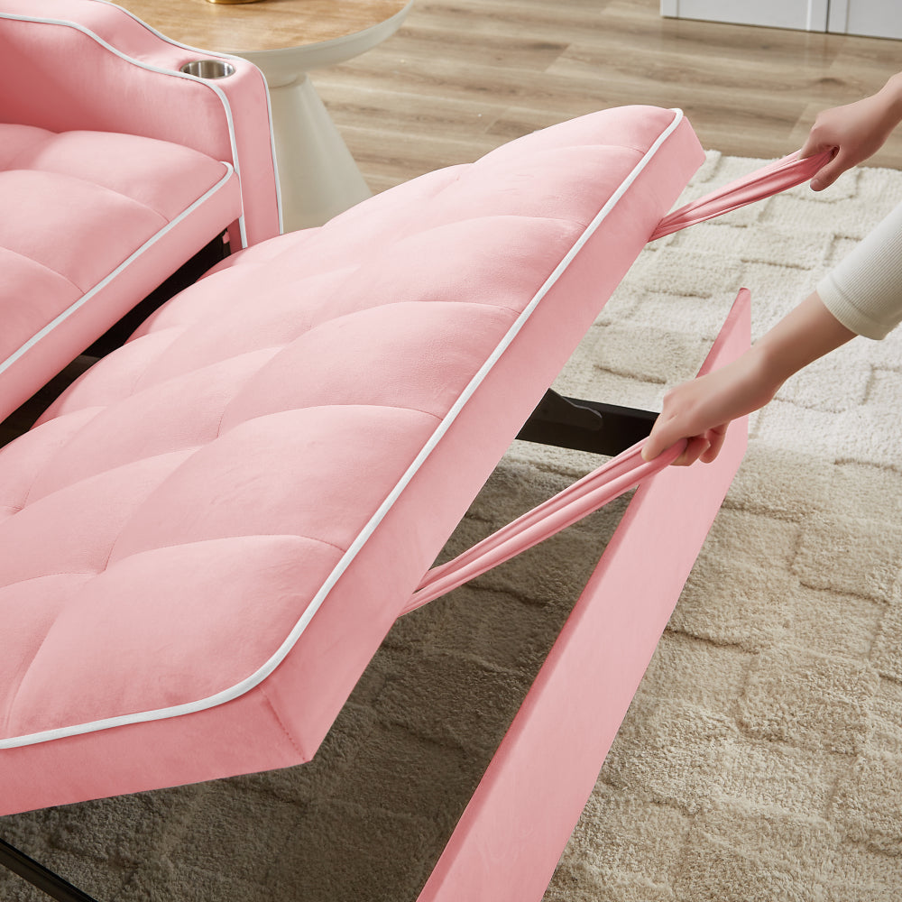1 versatile foldable sofa bed in 3 lengths, modern sofa sofa sofa velvet pull-out bed, adjustable back and with USB port and ashtray and swivel phone stand (pink)