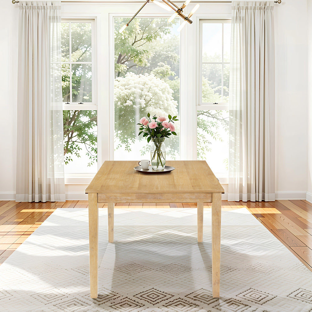 Farmhouse Style Solid Wood Dining Table, 60 Inch Length, Rubberwood Legs with Adjustable Glides, MDF + Rubberwood Veneer Top, Perfect for Dining Room, Kitchen, Living Room, Sturdy and Durable.