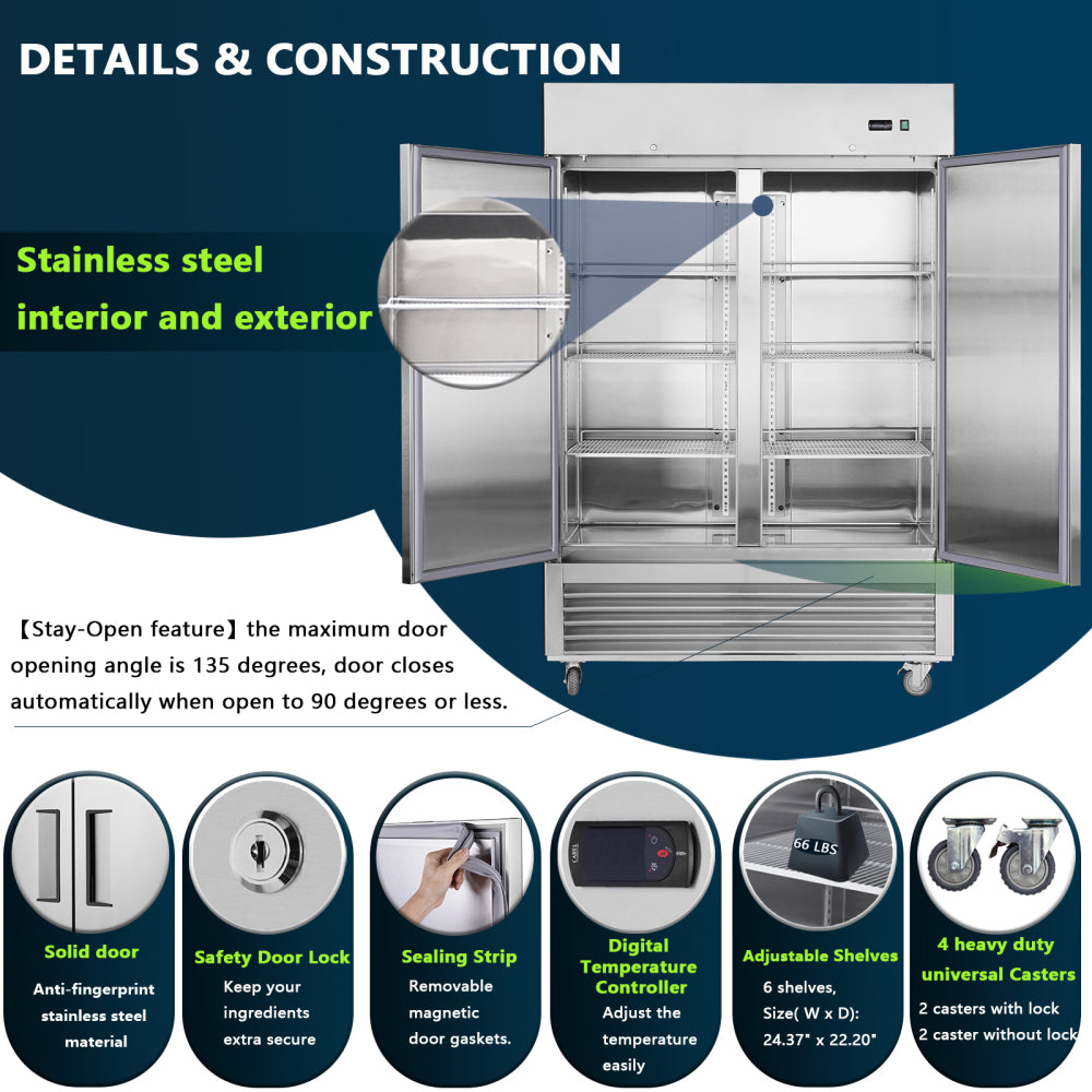 54"W Commercial Refrigerator 2 Section 2 Solid Door Stainless Steel Interior and Exterior Reach-in Refrigerator 42.2 Cu.ft. Upright Fan Cooling Refrigerator for Restaurants and Commercial Environments
