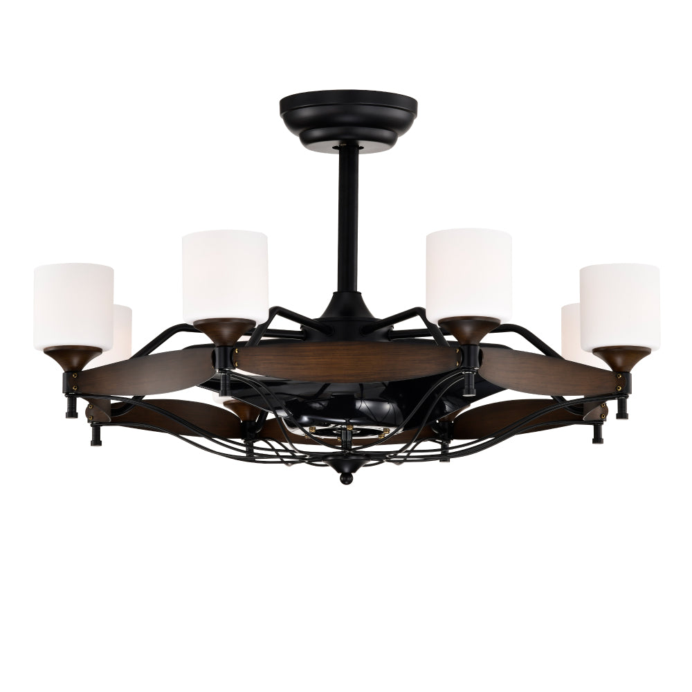 Dia 33 inch Chandelier Ceiling Fan for Bedroom Dining Room Living Room Kitchen Farmhouse Entry,Matte Black+ Wood Grain