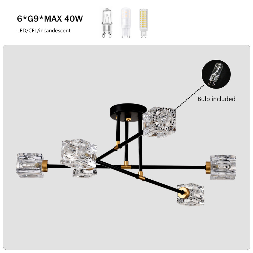 Modern Ceiling Lamp with Light Fixture (6*G9 Bulbs Included),Modern Semi Flush Mount Light Fixture Crystal Chandelier for Dining Room, Bedroom, Living Room--Matte Black
+Matte Gold