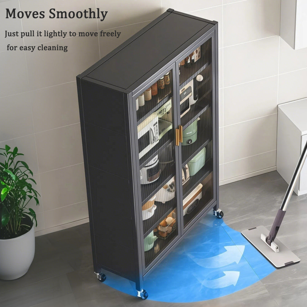 65" Kitchen Pantry Storage Cabinet, 6 Tier Metal Display Storage Cabinet with Transparent Door, Adjustable Shelves & Wheels, Food Pantries Cabinets, for Kitchen, Living Room and Dining Room, Gray