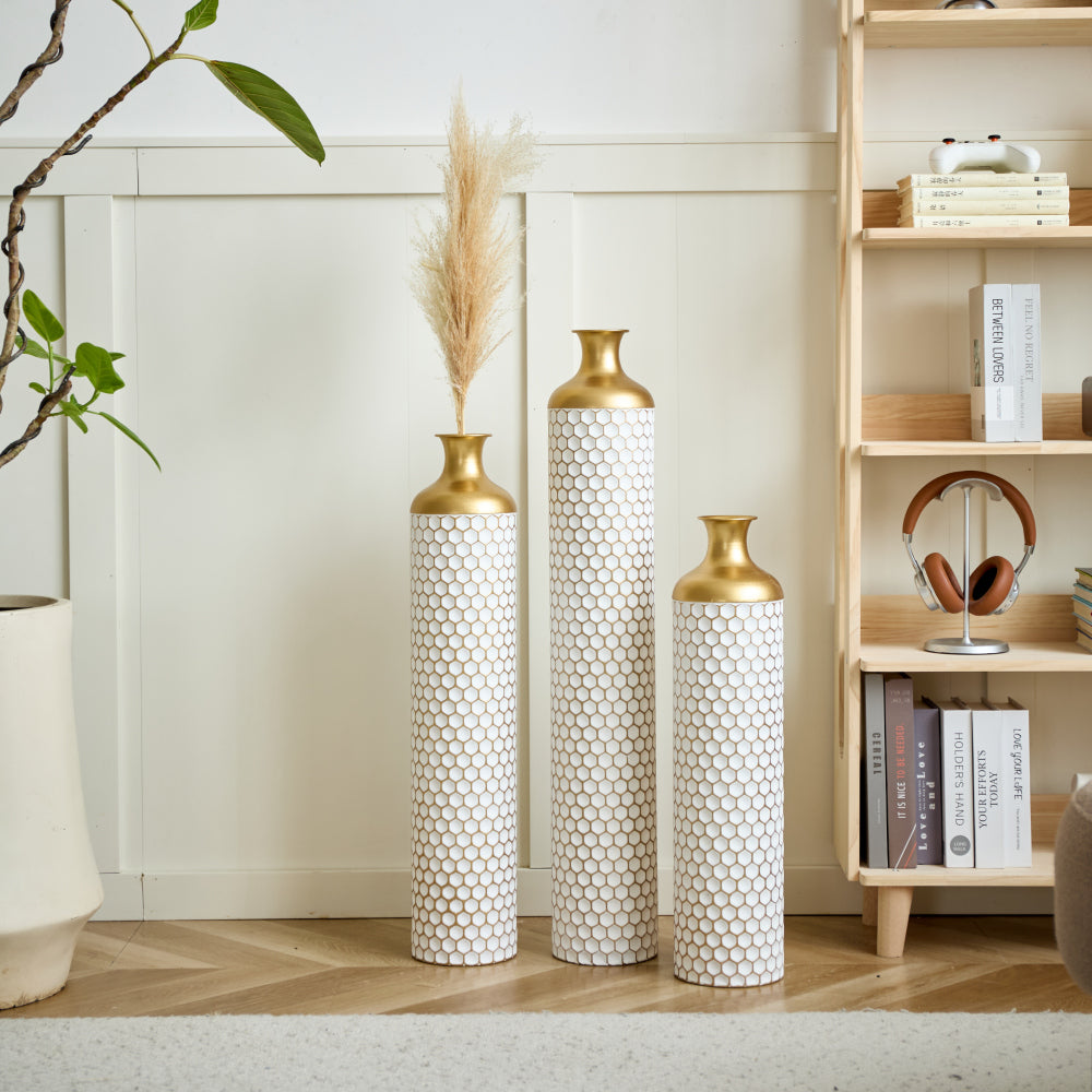 Floor metal vase modern style decoration home droplet shaped white metal vase 3-piece set gorgeous home decoration large glazed metal vase