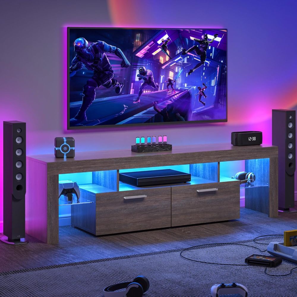 LED TV Stand for Televisions up to 55 Inchs,Modern Entertainment Center with down filp door, Glass shelf and high glossy UV front face, TV Console Table for Living room,Bedroom. Black color