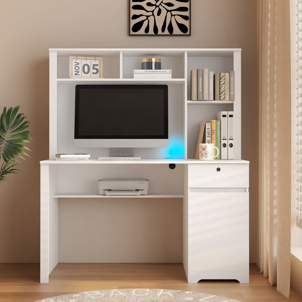 Computer Desk with Hutch & Bookshelf,Wood Executive Desk Teens Student Desk Writing Laptop Home Office Desk with Drawers,3 AC Outlets and 2 USB Charging Ports,Study Laptop Table for Home