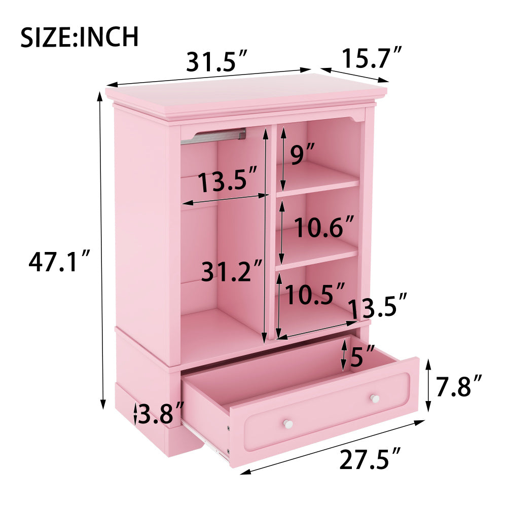 Open children's wardrobe with a hanging rod and open shelves, one large drawer, low design close to the ground for easy access,Pink.