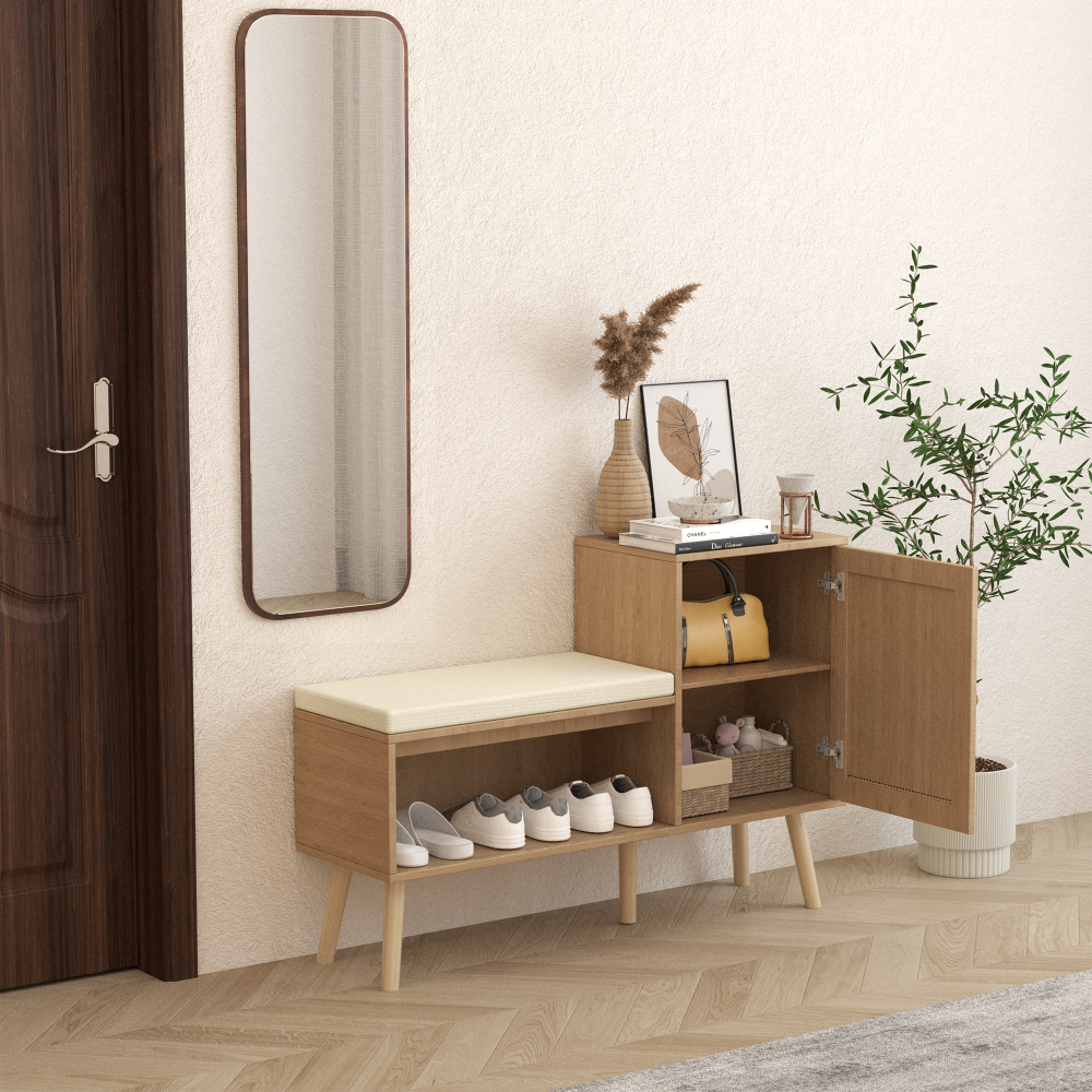 2-in-1 Shoe Storage Bench, Natural Rattan Shoe Cabinet with 2 Adjustable Shelves and Removable Seat Cushion, Modern Entryway Bench, Shoe Storage Organizer, Shoe Rack for Hallway, Bedroom