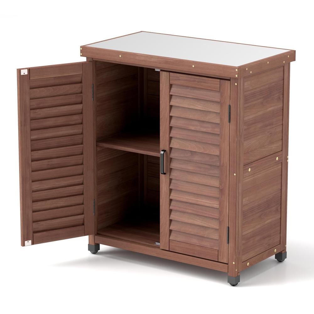 Potting Bench with Storage Cabinet and Metal Table Top for Outdoor Patio, Garden Furniture Wood Workstation Grey 31.5x17x36''