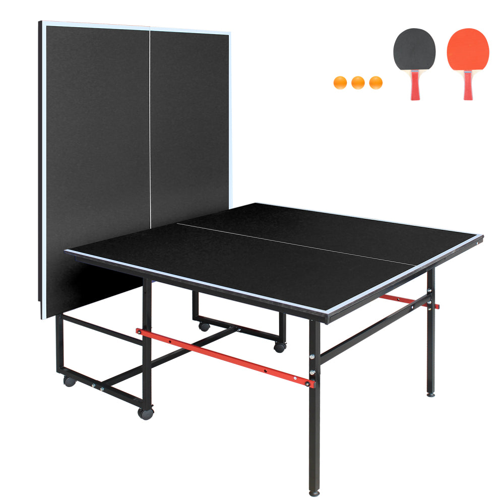 8ft Black Mid-Size Table Tennis Table Foldable & Portable Ping Pong Table Set for Indoor Games with Net, 2 Table Tennis Paddles and 3 Balls