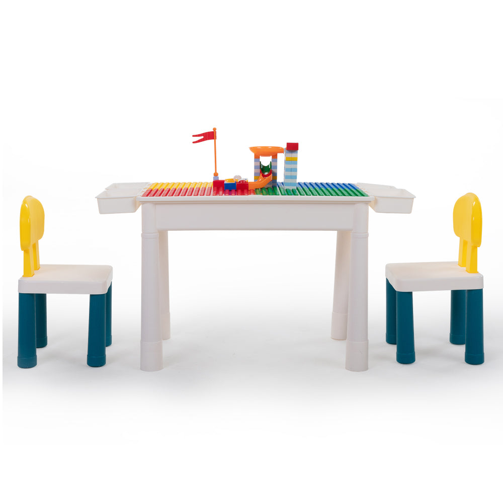 All-in-One Kids Activity Table and Chairs Set, Building Block Table with 100PCS DIY Blocks Toys, Dining Table Study Desk for Toddlers