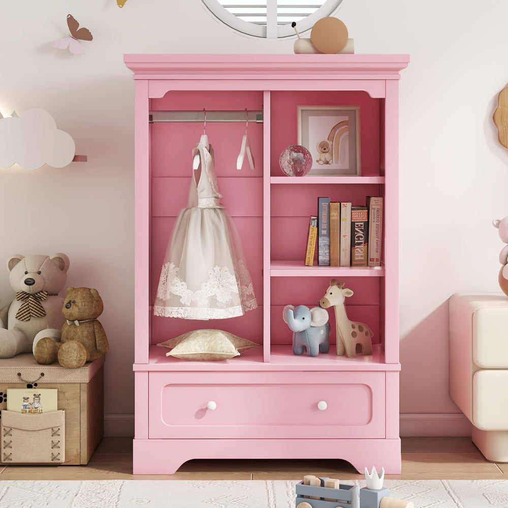 Open children's wardrobe with a hanging rod and open shelves, one large drawer, low design close to the ground for easy access,Pink.