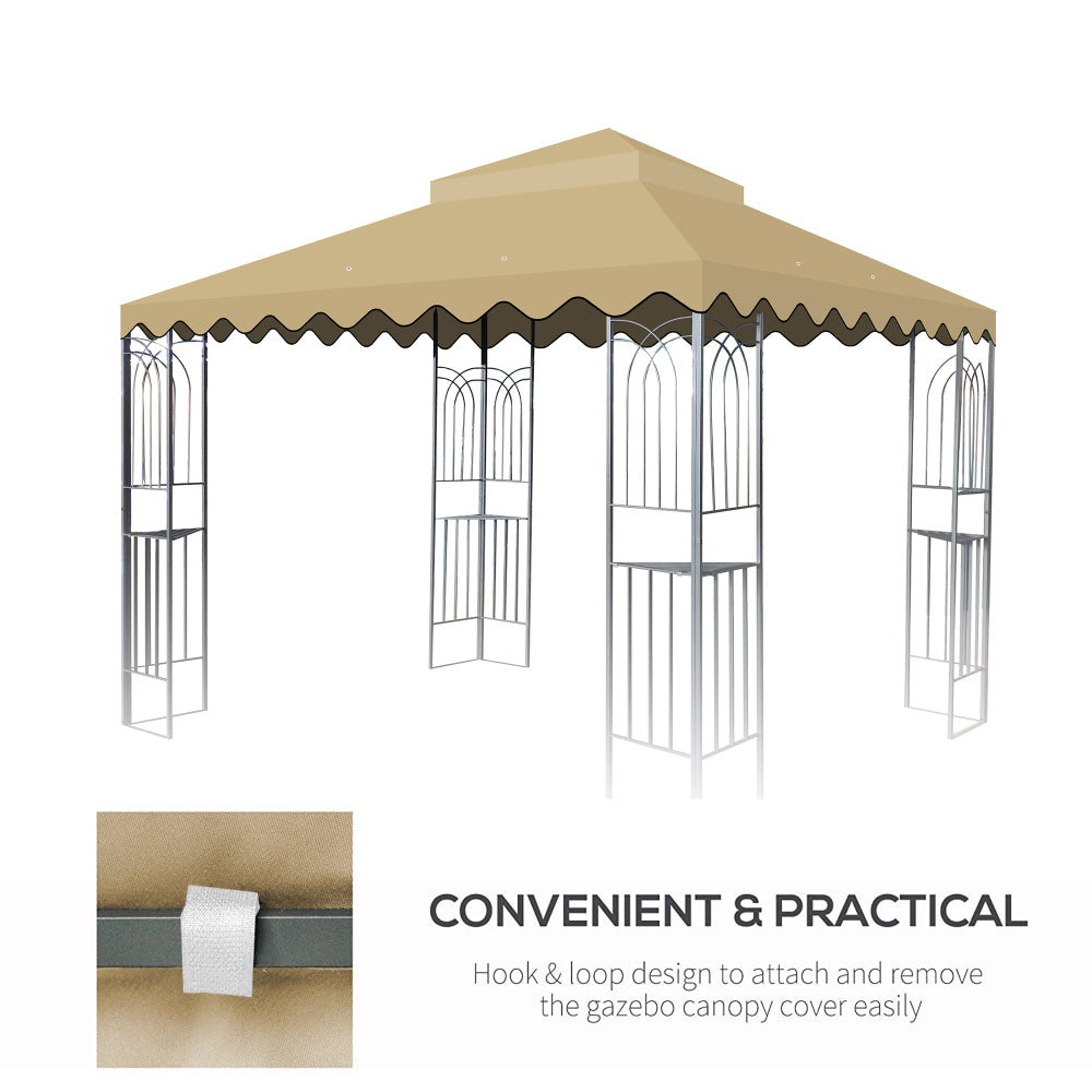 10x10 Ft Outdoor Patio Gazebo Replacement Canopy,Double Tiered Gazebo Tent Roof Top Cover Only wavy border(Frame Not Include)-Tan