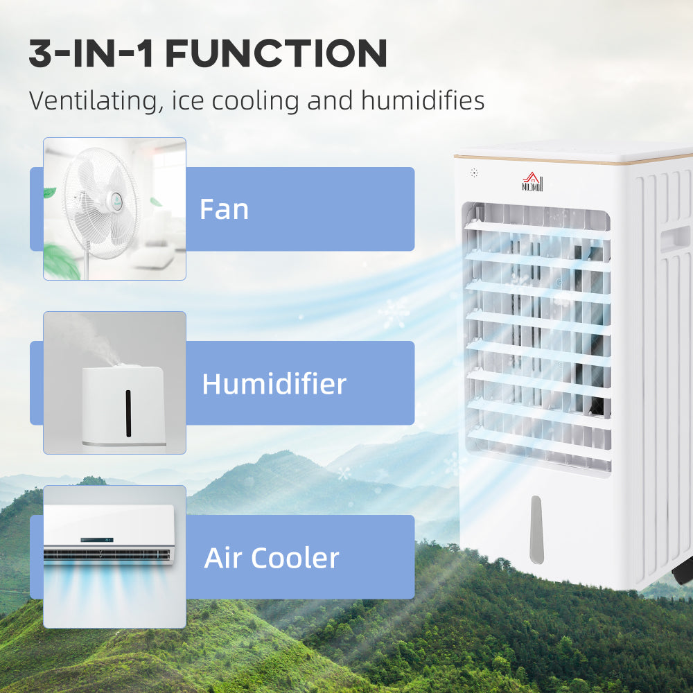 HOMCOM 21" Evaporative Air Cooler with Ice Packs, 3-In-1 Ice Cooling Fan, Portable Swamp Cooler with Water Tank, 7.5H Timer, 60° Oscillating, Remote, for Home Office Bedroom, White