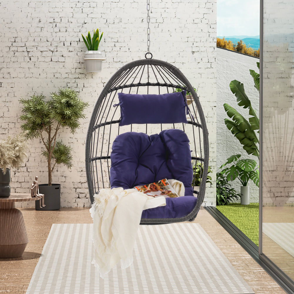 Outdoor Garden Rattan Egg Swing Chair Hanging Chair Wood+Khaki