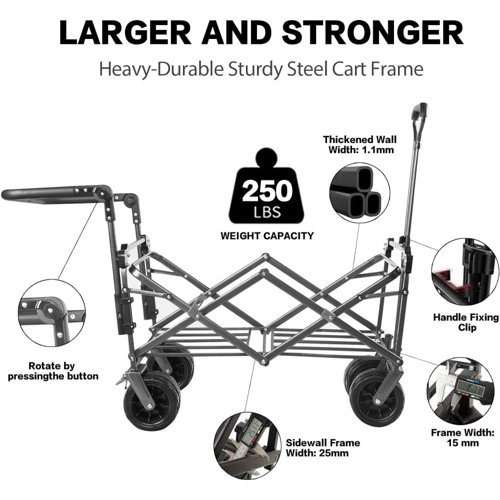 Collapsible Wagon 140L Wagons Carts Foldable with Removable Canopy, Folding Wagon Cart with Wheels for All-Terrain with Brake, Foldable Wagon with Cooler Bag, for Camping Beach Shopping