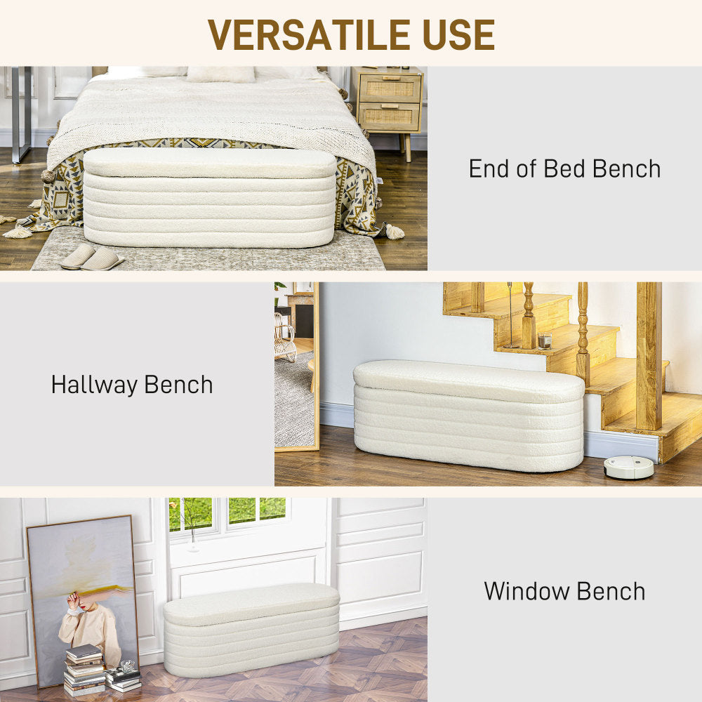 HOMCOM 46" Storage Ottoman Bench, Teddy Fleece Upholstered Boucle Storage Bench with Wood Frame, Bedroom Bench for Living Room, Entryway, Bedroom, Cream White