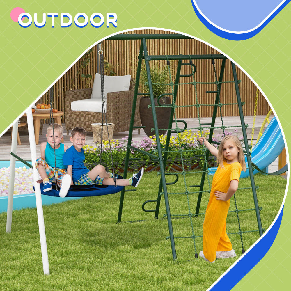 Outsunny 528 lbs Swing Set for Backyard, 5 in 1 Heavy-Duty A-Frame Stand Outdoor Playset for Kids, with Saucer Swing, Slide, Swing Seats, Glider, Basketball Hoop, Climbing Steps and Net