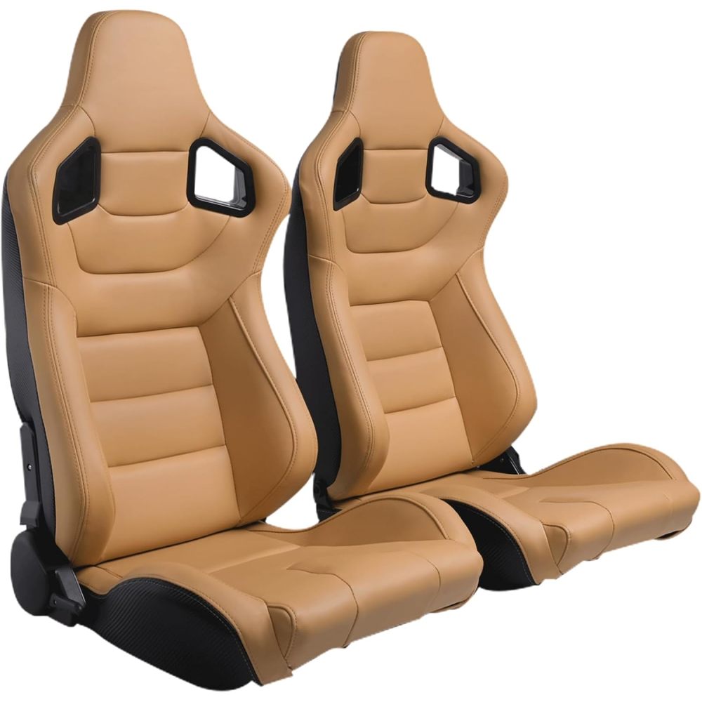 2PC New Universal Bucket Racing Seats Red Stitch Red PVC Leather Reclinable Carbon Look Leather Back With Adjustor Slider(Not Including Seat Bracket ) 1 box of 2 pieces